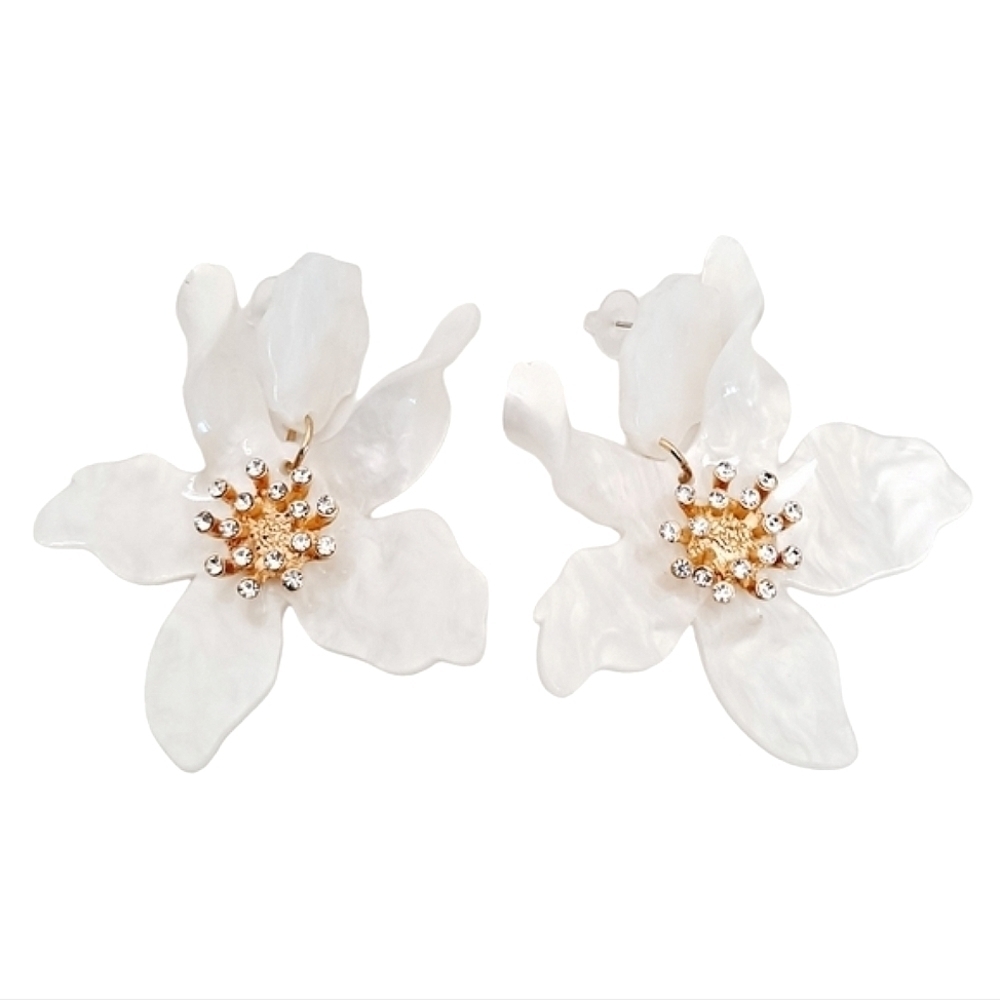 Gold White Flower Statement Earrings Oversized Rhinestone Bridal Formal Wedding - Picture 6 of 17